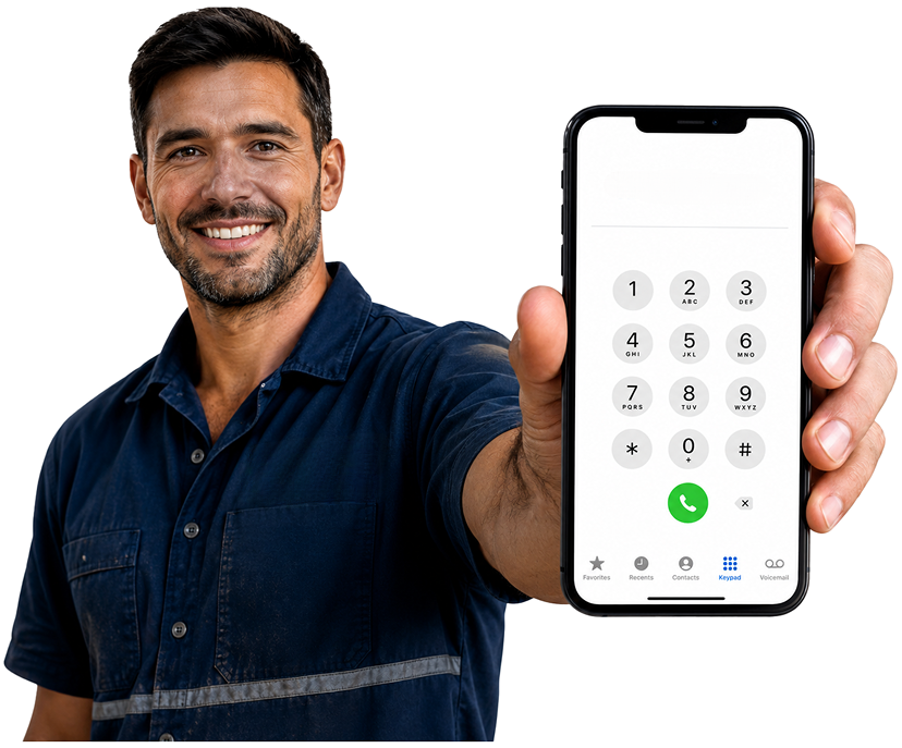 Blair Athol Blocked Drains plumber holding a phone — call 1300 261 965