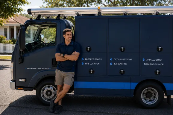 Plumber standing beside a service van in Blair Athol