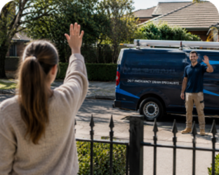 Customer waving goodbye to a Blair Athol Blocked Drains plumber